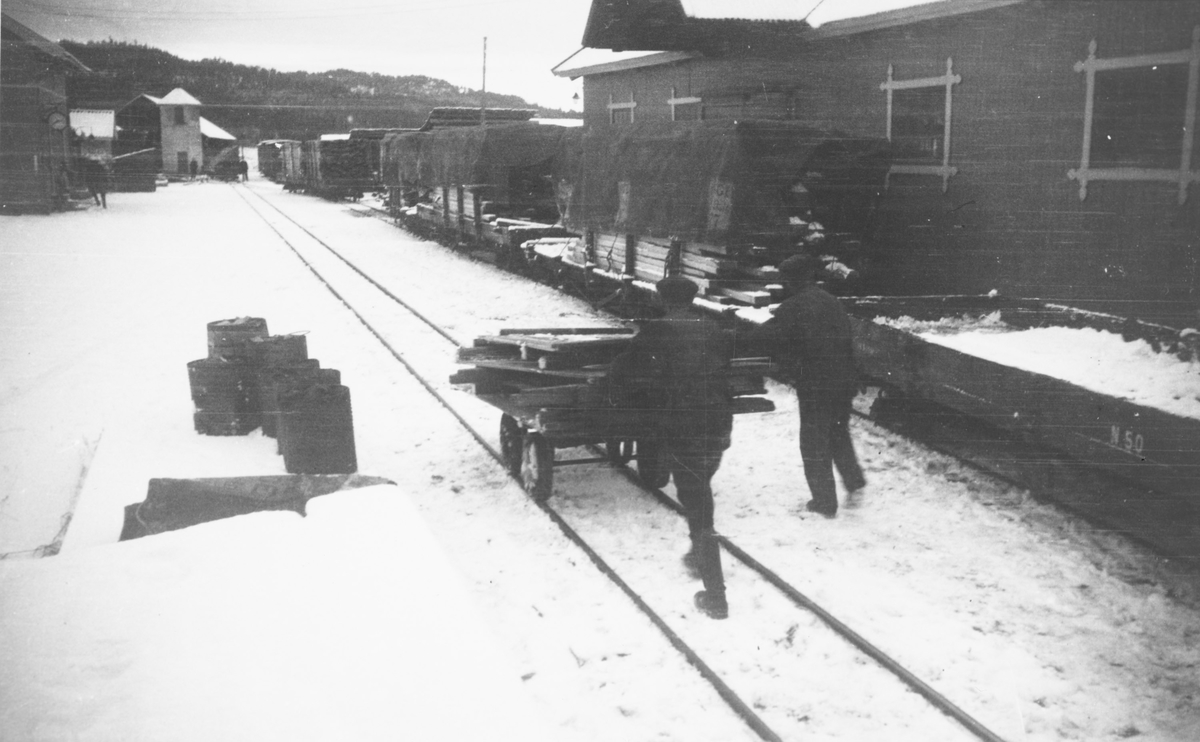 Jernbaneanstte med arbeidstralle i spor 1 på Bjørkelangen. Hensatte godsvogner i spor 2.