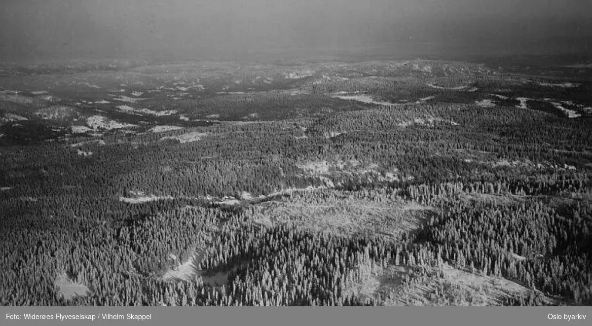 Oversiktsbilde nordover Marka fra Tryvann. Hugstflater. (Vinter) (Flyfoto)