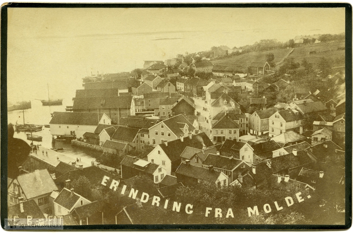 "Erindringer fra Molde"..Molde sentrum fotografert fra Kirketårnet..Huset nederst til venstre W.Aandahls ca 1890