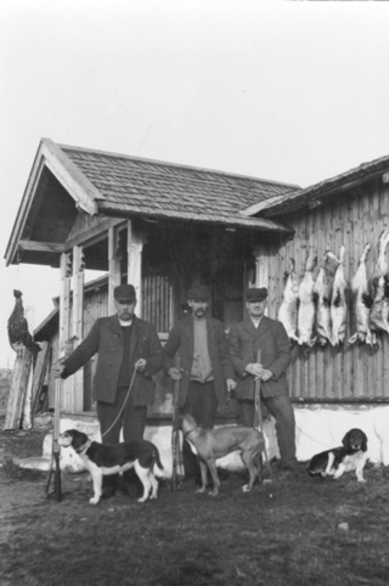Harejeger på Nysetra, Øyungen i 1918. Fra venstre er Thore Lier, Sigvart Jovall og Ola Andersen med hunder og våpen
