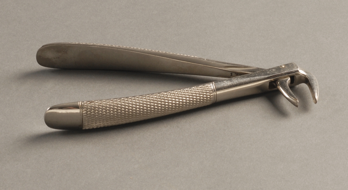 To små metalldeler som er bøyd 90° i enden festet sammen med en stift, hvor de bøyde endene danner en kjeve.