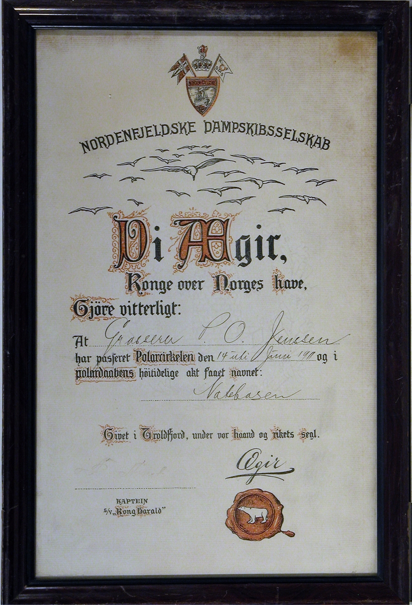 Bevis/diplom for å ha passert Polarsirkelen, gitt av NFDS/ Kong Ægir til grosserer P.O.Jenssen 1911, ombord på D/S "Kong Harald"