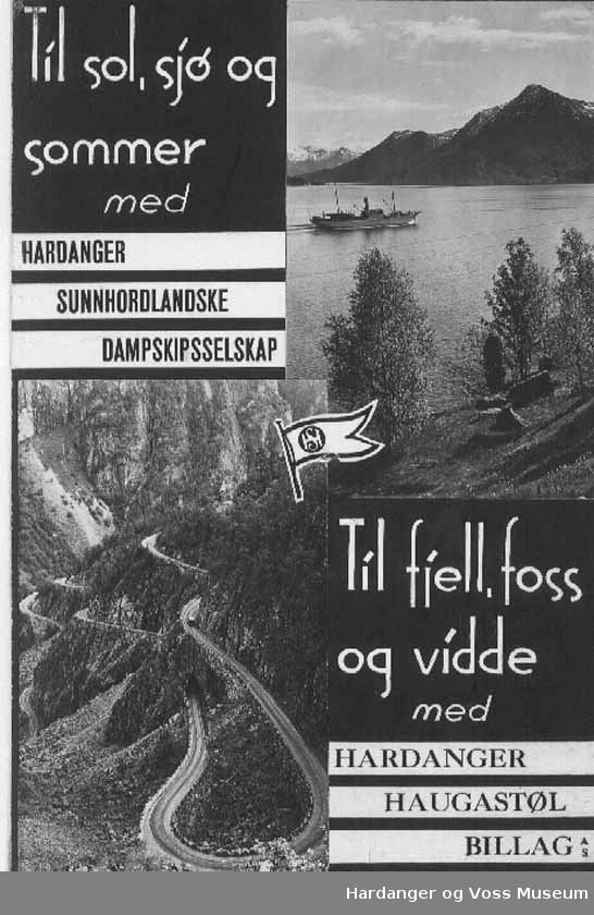 Veg, båt, ferge, fjell, bil, fjord, tre. Reklame for HSD og HHB. Bil i Måbødalen, båt på fjorden