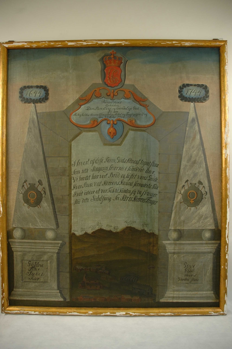 Tavle fra 1744 i anledning Kobberverkets 100-års-jubileum. Forgylt ramme.