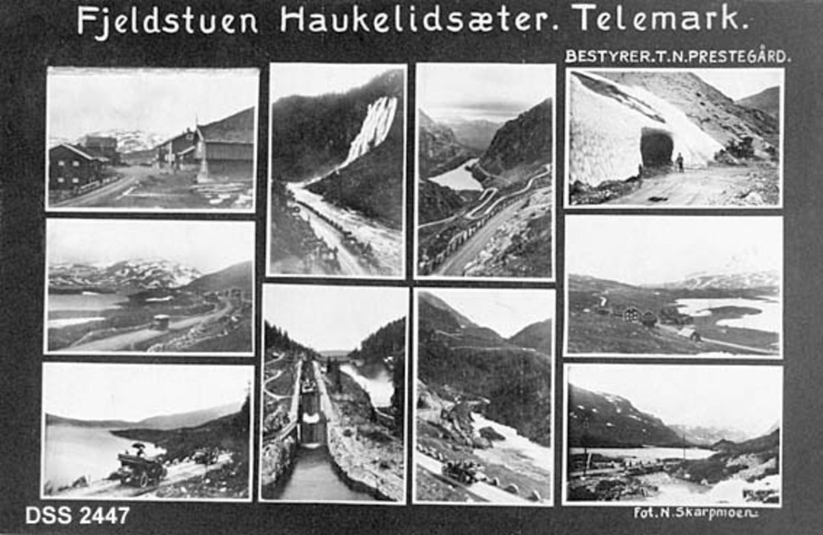 Haukeliseter fjellstue.  Bildemontasje på prospektkort med til sammen 10 ulike motiver fra gardstunet, Haukelivegen, vassdrag m. m. 