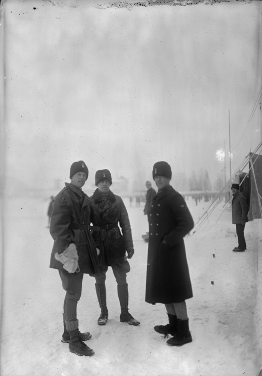 Porträtt av tre militärer, vintertid.