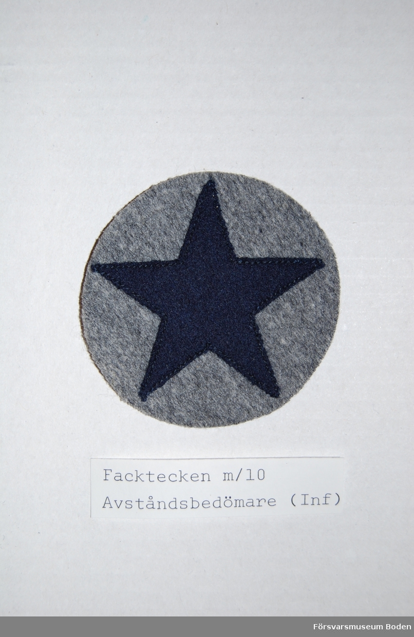 Femuddig stjärna av blått kläde på grå bakgrund. Syddes fast på uniformens vänstra underarm.