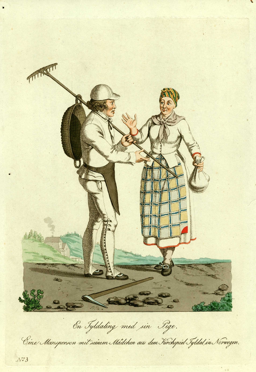 Mann og kvinne (jente) i folkedrakter fra Tylldalen, Tynset, Hedmark, han med rive med kurv over skulderen, hun med en tøypose i hånden. Hakke ligger på bakken.