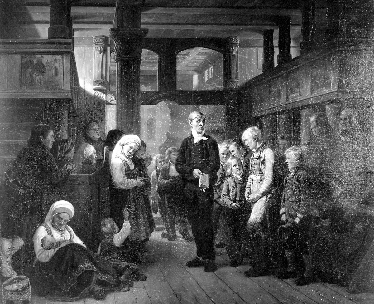 "Katekisationen", avfotografet maleri av Adolph Tidemand. Kirkeinteriør med en gruppe barn og ungdommer  samlet rundt presten, for undervisning.