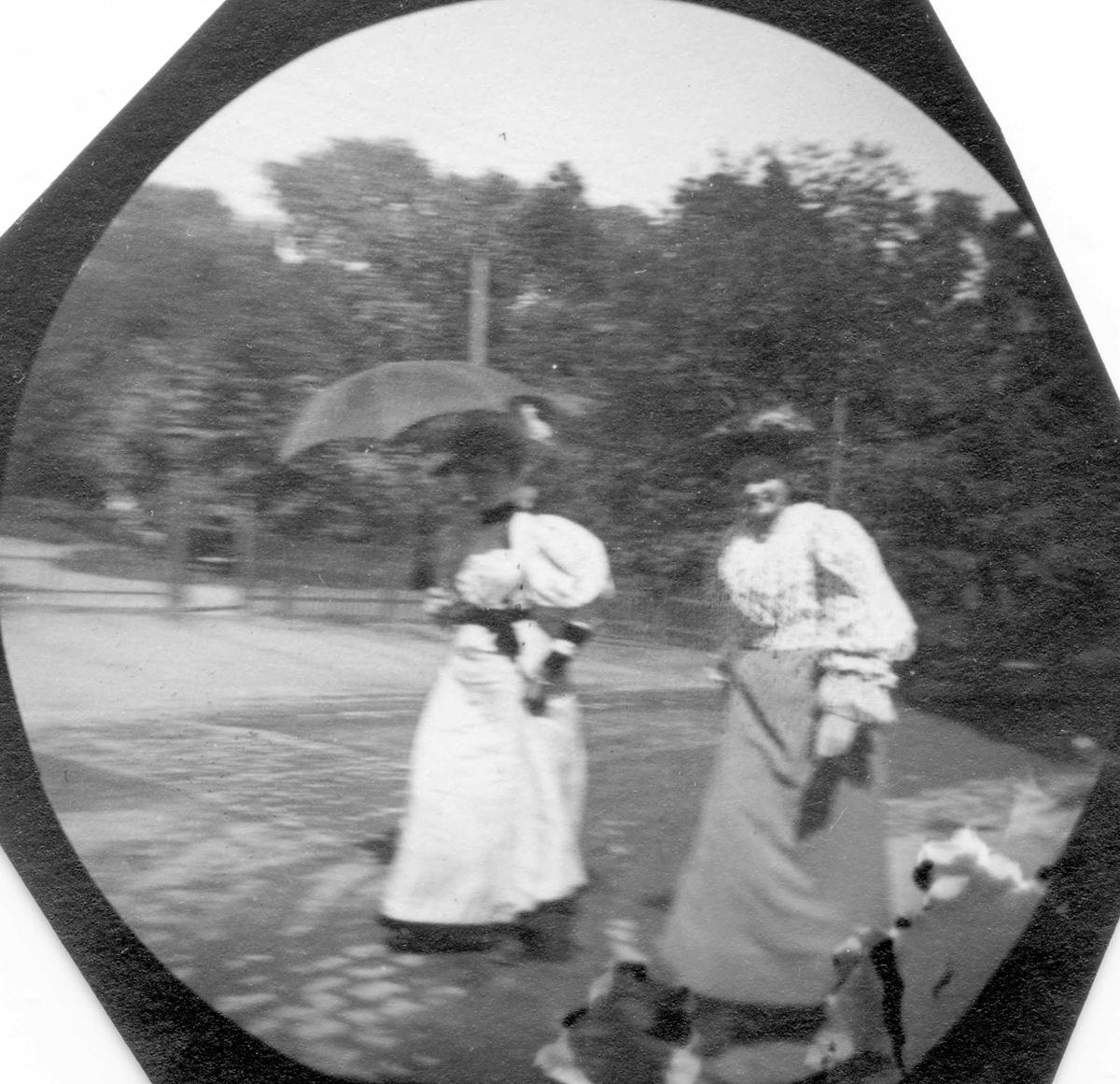 Frk. Thora Christoffersen og Ragnhild Welhaven spaserer  i park.