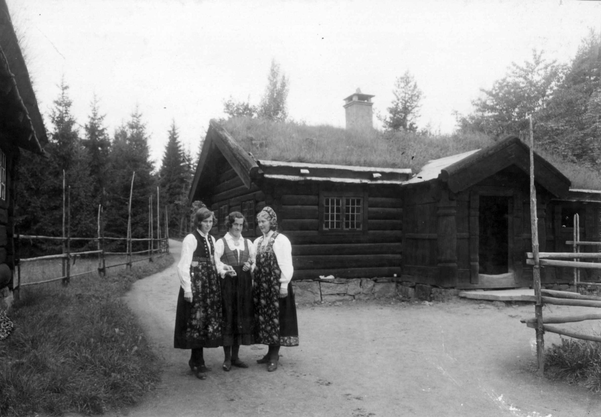 Stue fra Væråsmogen i Flesberg, avbildet på Norsk folkemuseum, 1933. (Til venstre frk. Bjørge).