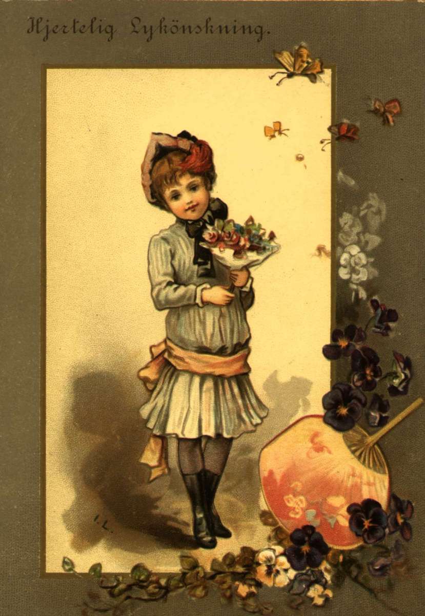 Postkort. Gratulasjonshilsen. En pike står med blomsterbukett.