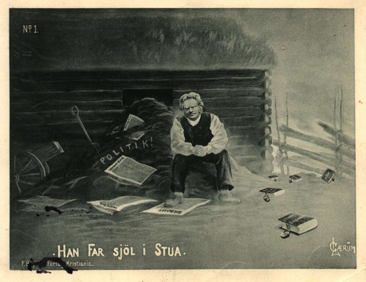 Postkort. Bjørnstjerne Bjørnson sitter foran en låve med tekst på kortet "Han far sjøl i stua". Dateret 1. januar 1892.