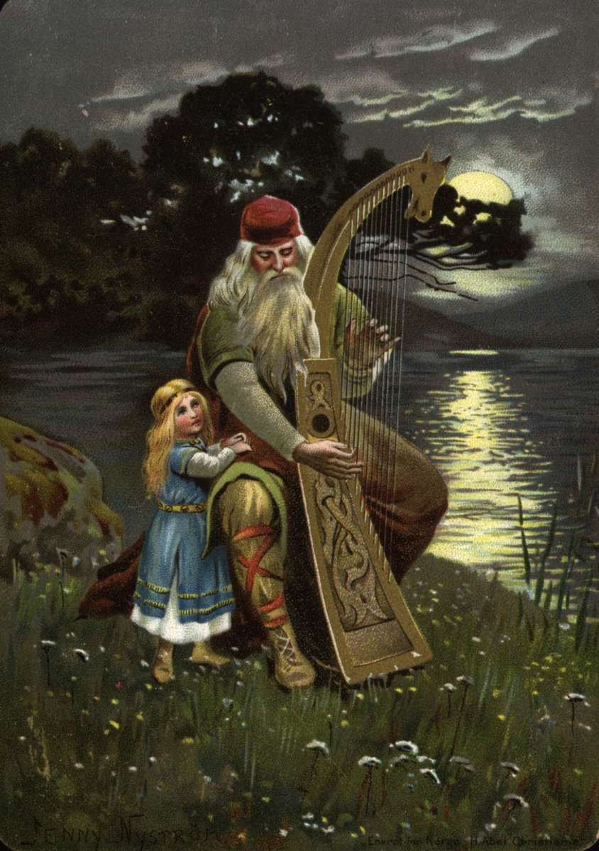 Postkort. Nyttårshilsen. En gammel mann i vikingdrakt spiller på harpe for en liten pike. Også hun er kledd i vikingdrakt. I bakgrunnen ses et vann i måneskinn. Illustrert av Jenny Nyström (1854-1946).