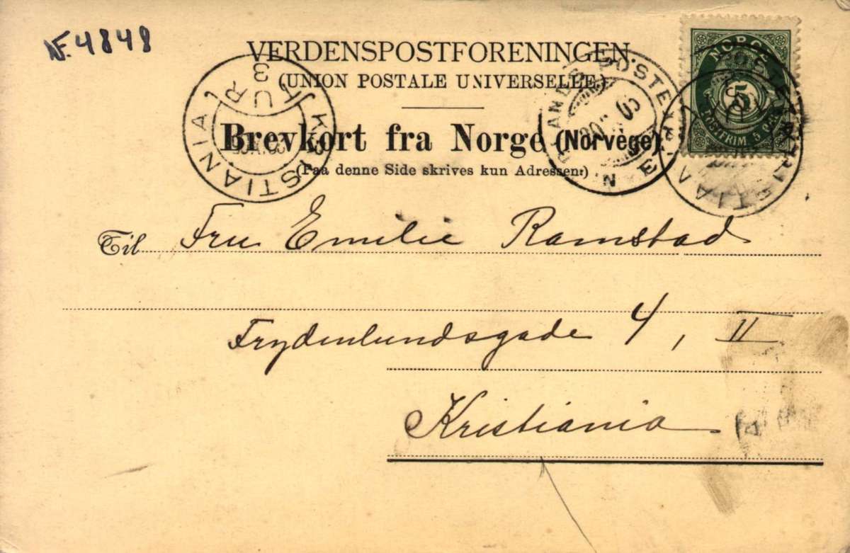 Postkort. Stiftsgården, Trondheim. Datert 20.19.1905.