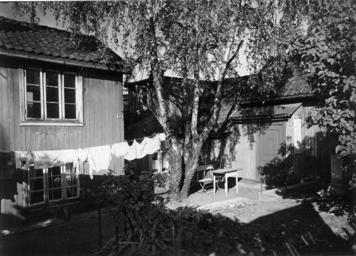Enerhaugen, Oslo 1959. Småhus sett fra hagen. Hagemøbler og klesvask.