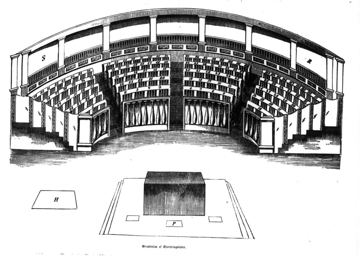 Dronningens gate 15, Oslo. Den gamle Stortingssal (nå NF). Tegning i perspektiv med nummererte plasser. Xylografi i Illustrert Nyhetsblad 1857.