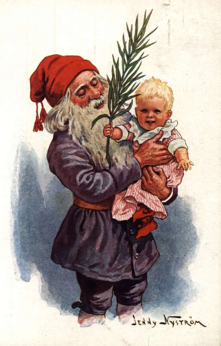 Postkort. Jule- og nyttårshilsen. En nisse med lite barn på armen. Illustrert av Jenny Nyström (1854-1946). Svensk. Stemplet 22.12.1917.