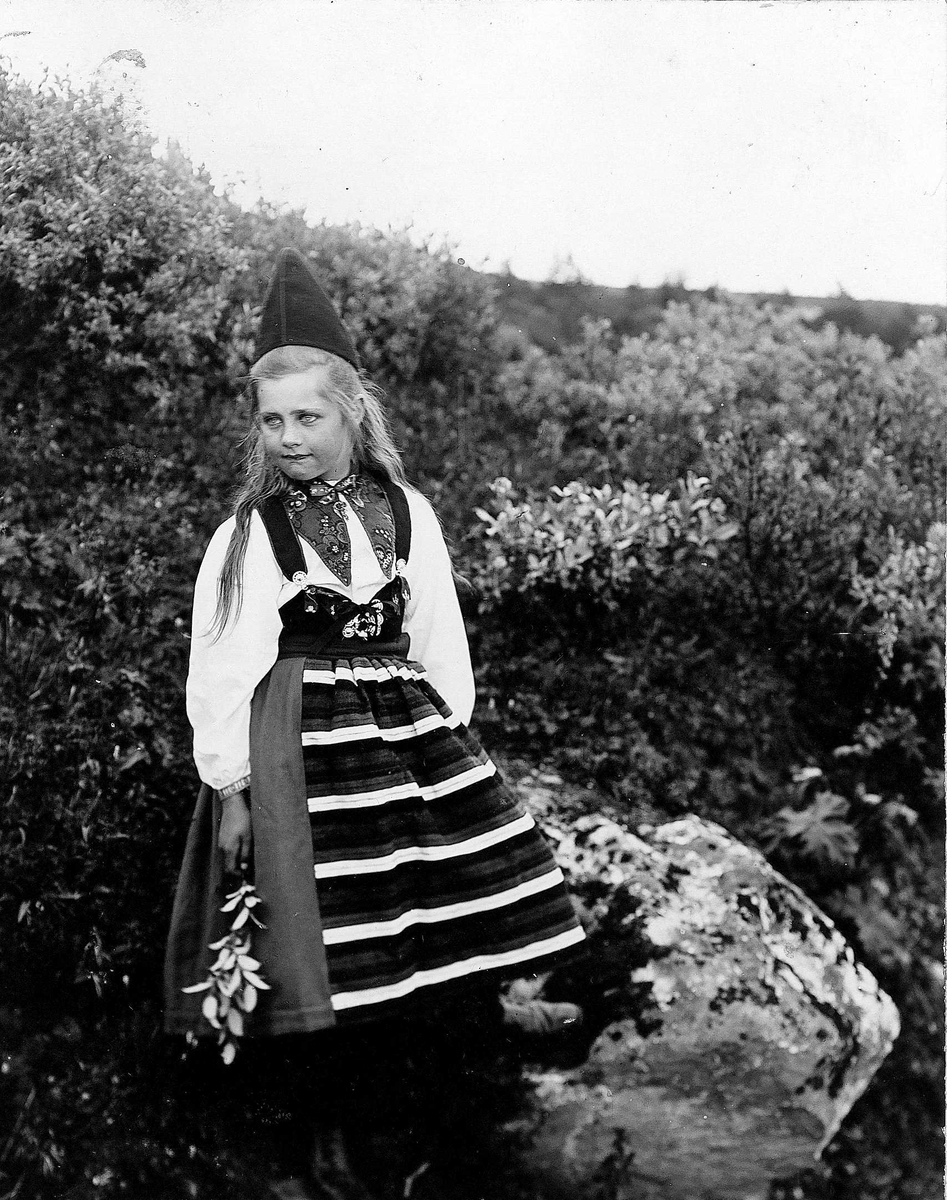 Pike ved stein, ukjent sted, i drakt fra Rättvik, Dalarne, Sverige.
Serie tatt av Robert Collett (1842-1913), amatørfotograf og professor i zoologi. 