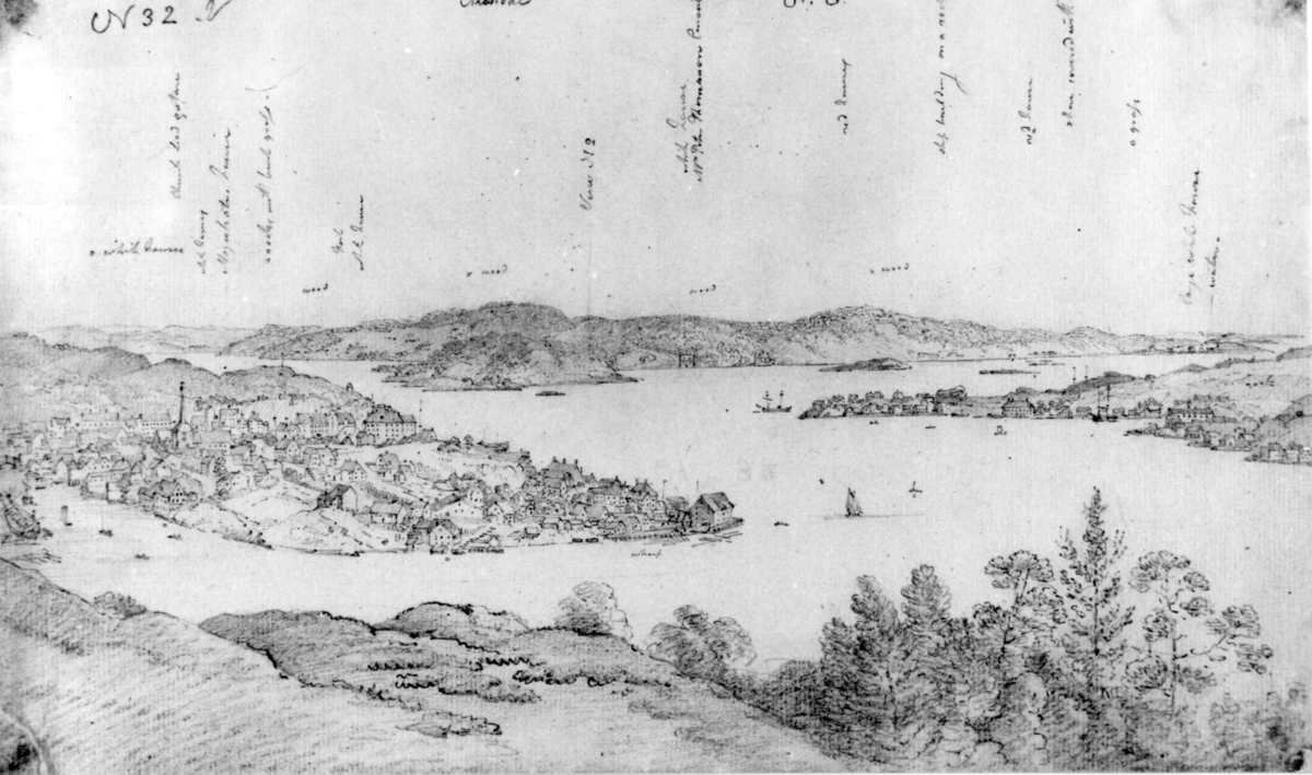 Arendal, Aust-Agder. Utsyn over Tyholmen med Tromøya t.v. og Hisøya t.h.
Fra skissealbum av John W. Edy, "Drawings Norway 1800".