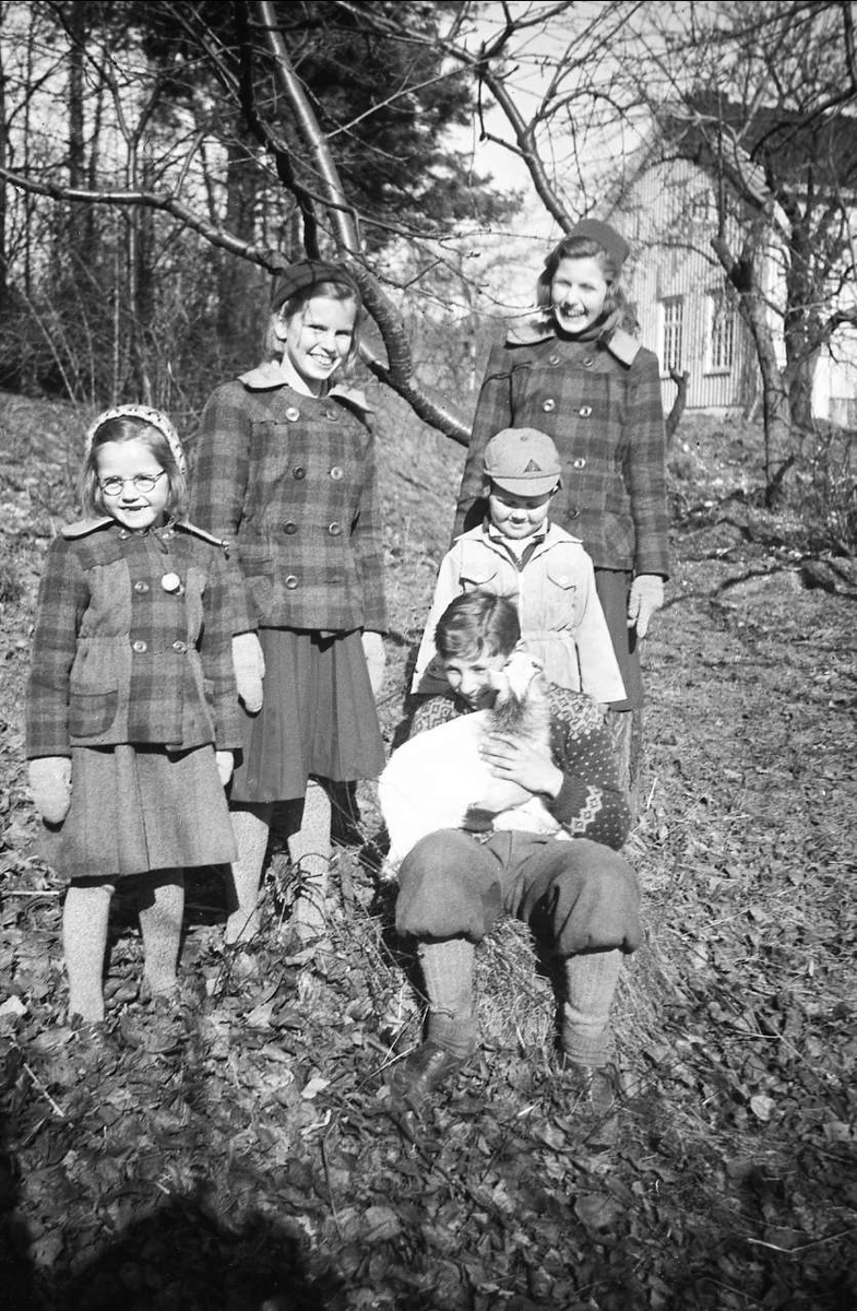 Søstrene Arentz, Kari, Siri og Guri fotografert sammen med Petter Solberg og Hans Thomas Scheen på Bygdøy i 1943. Hans Thomas sitter med med geita Sikka på fanget.