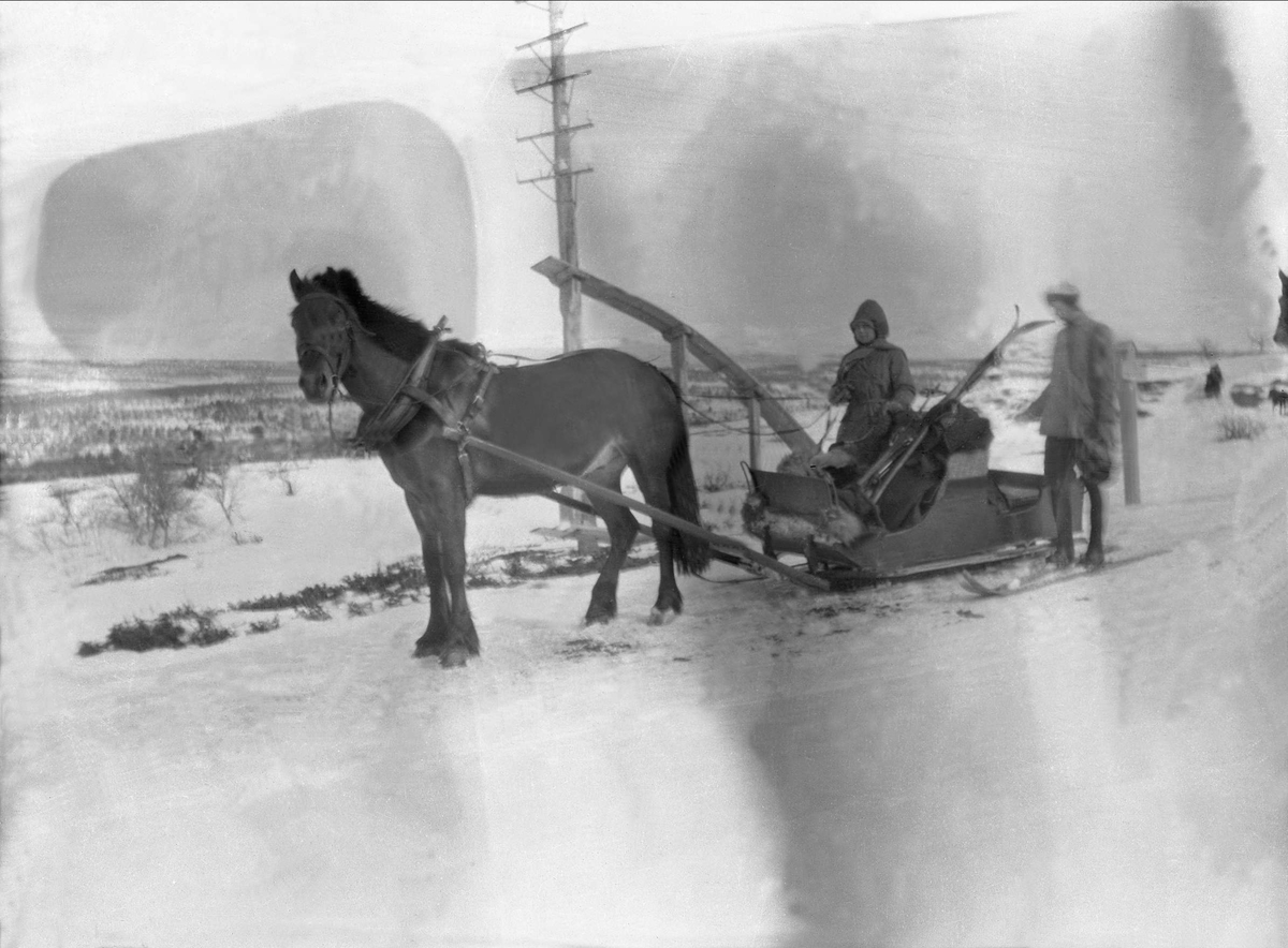 En hest drar to personer med en hesteslede i et vinterlandskap. Robsahm og Lund. De har ski på sleden.