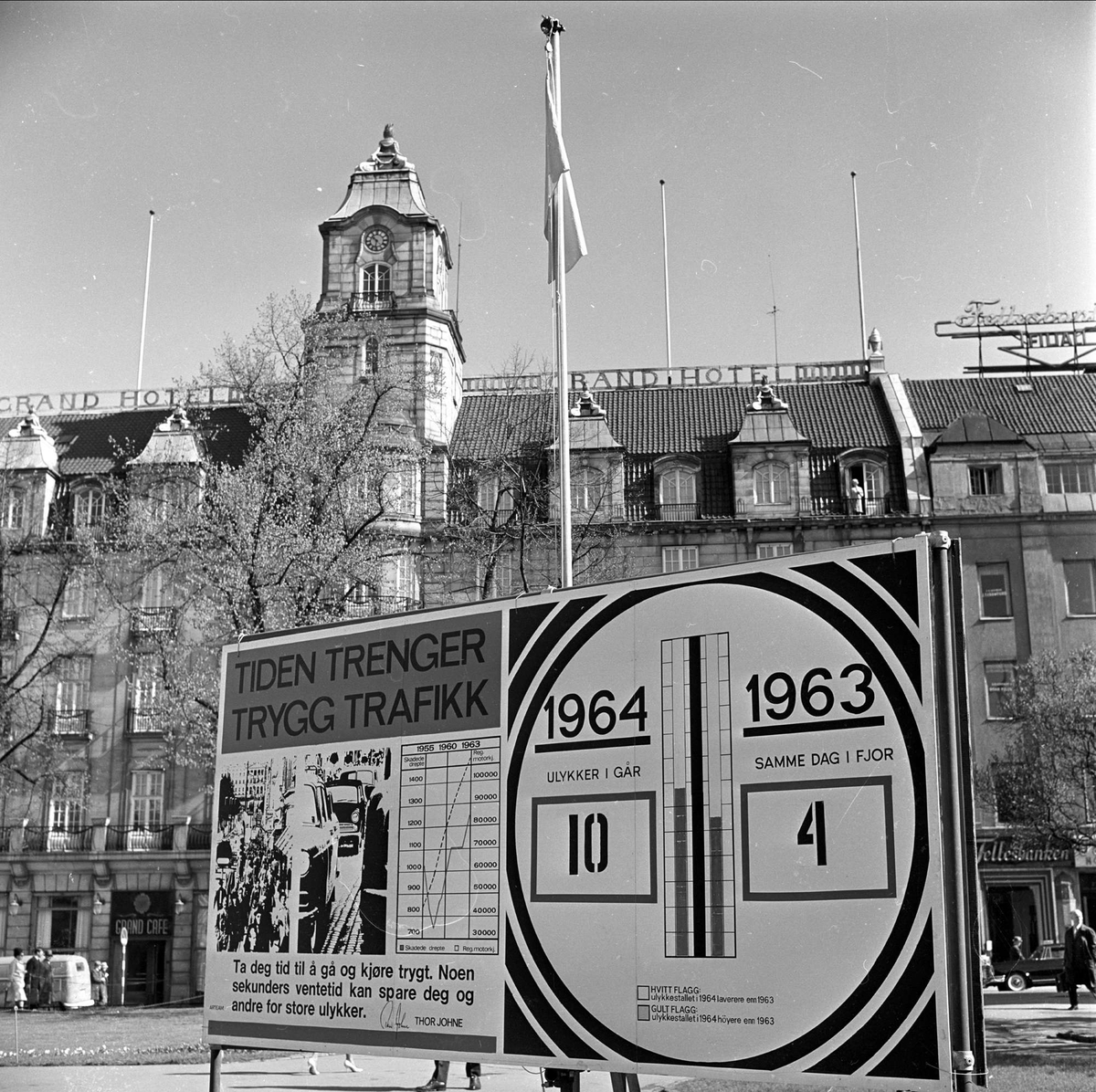 Trafikkbarometeret - Trygg Trafikks skilt med ulykkestall, Eidsvolls plass, Oslo, mai 1964