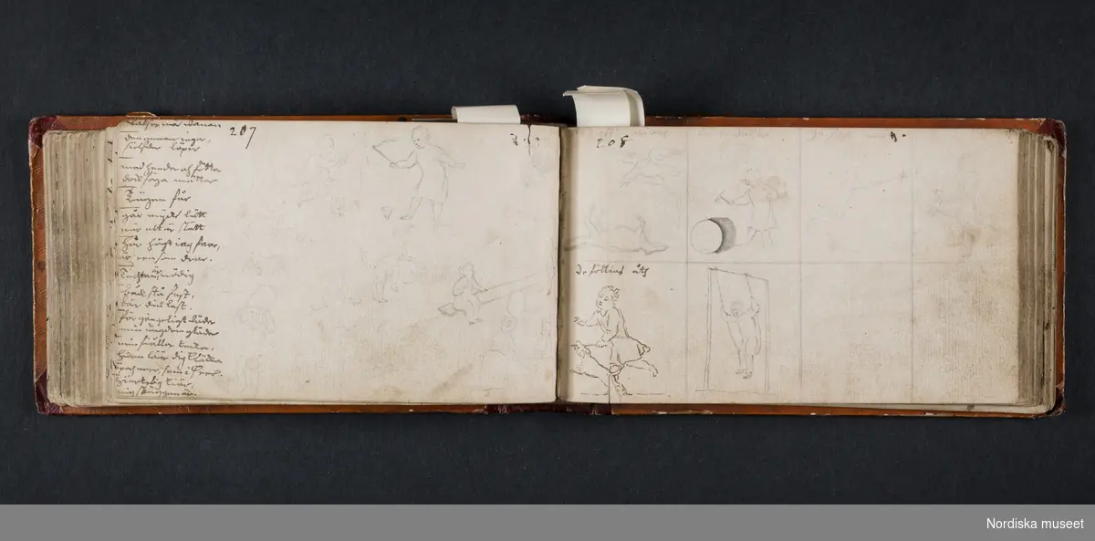 "Röda boken". Liten bok med initialerna H B på framsidan och årtalet 1728 på baksidan. Boken innehåller skisser av myter, människor, djur, byggnader och växter. Enligt medföljande utdrag ur brev från Knut Almström till direktör Fredrik Wehtje 1952 så har boken tillhört Petter Gustaf Löfström och därefter en man med efternamnet Bundred som var gravör vid Rörstrand.