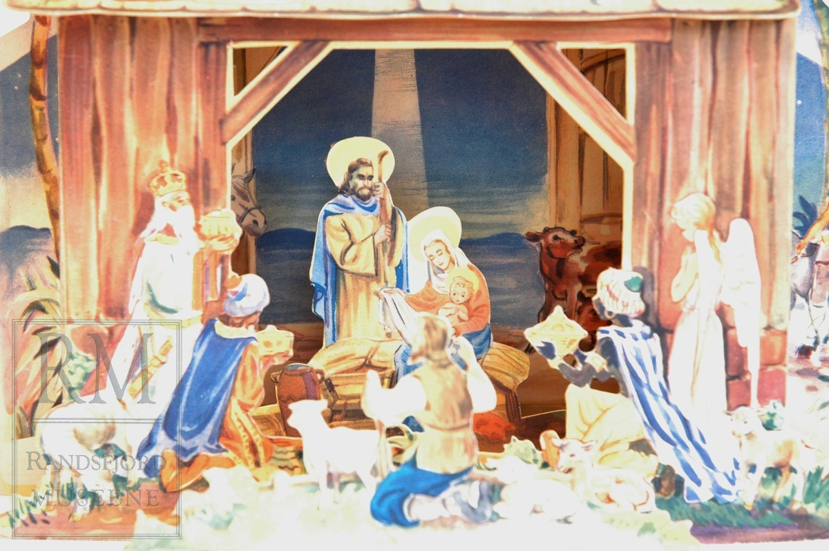 Stallen i Betlehem ifl. kristen tradisjon. Jesusbarnet i krybben, Maria og Josef, hyrder og ulike dyr.