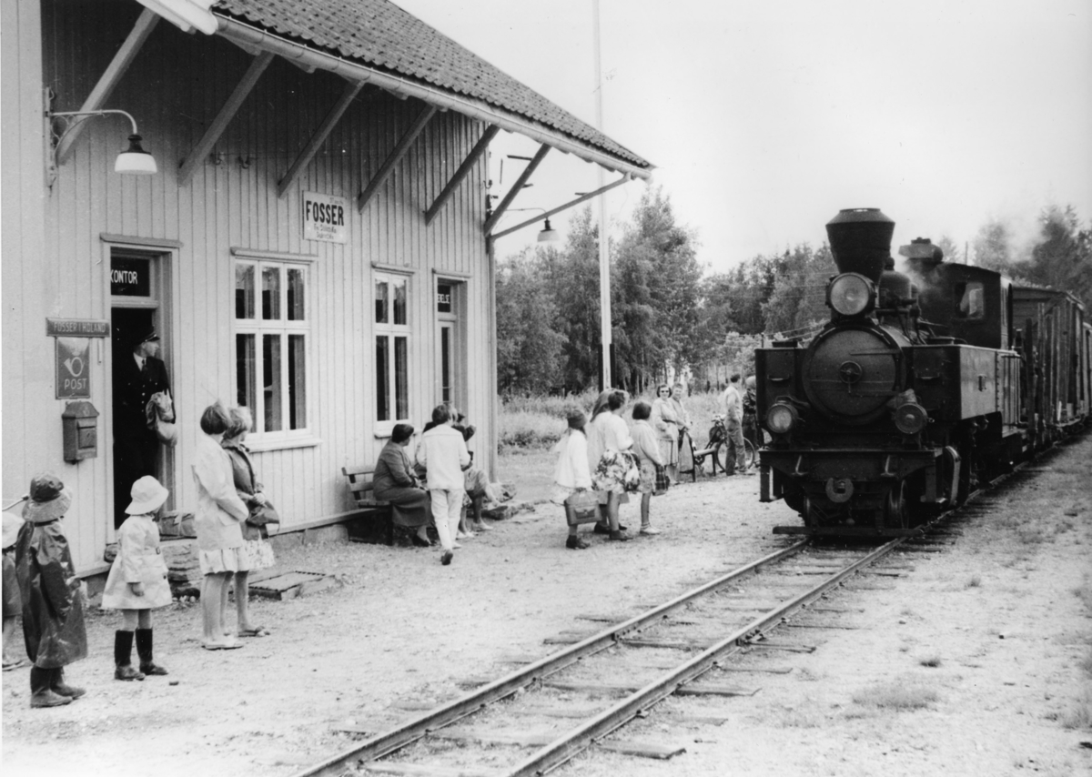 Tog fra Skulerud til Sørumsand ankommer Fosser stasjon siste driftsdag. Mange reisende på stasjonen .