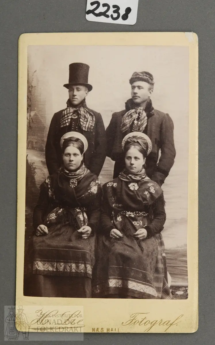 Fotografi av 4 utkledde ungdomar. Ole Wangensteen Kvien f. 1872 og Ragnhild, syster hans.