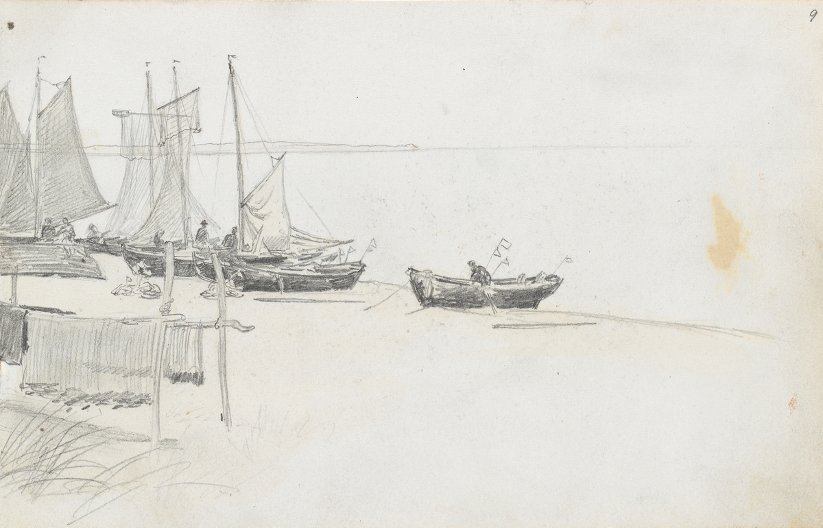 Garntørking og båter på stranden, Rügen [Tegning]