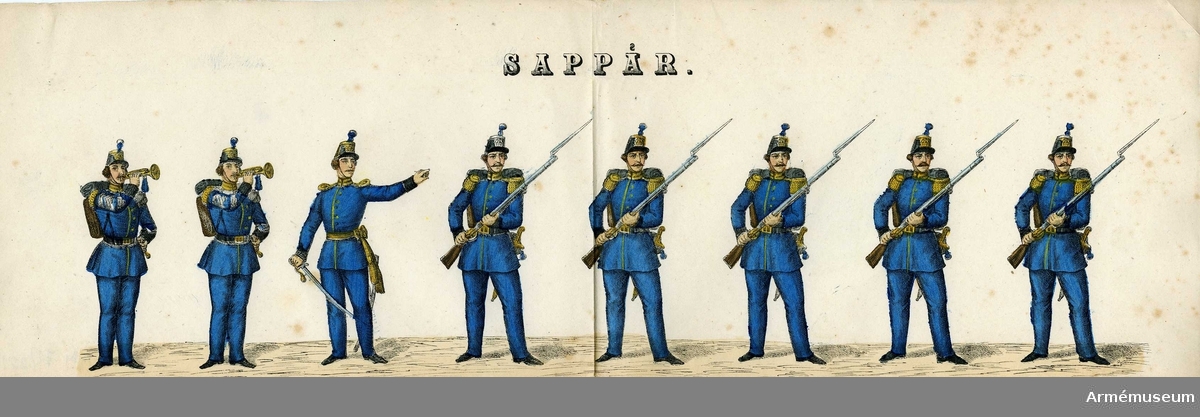 Grupp M I.
Kolorerad litografi föreställande "Sappör". 4 st blad med 8 figurer vardera. H. Lederer i Stockholm (1860-69). 