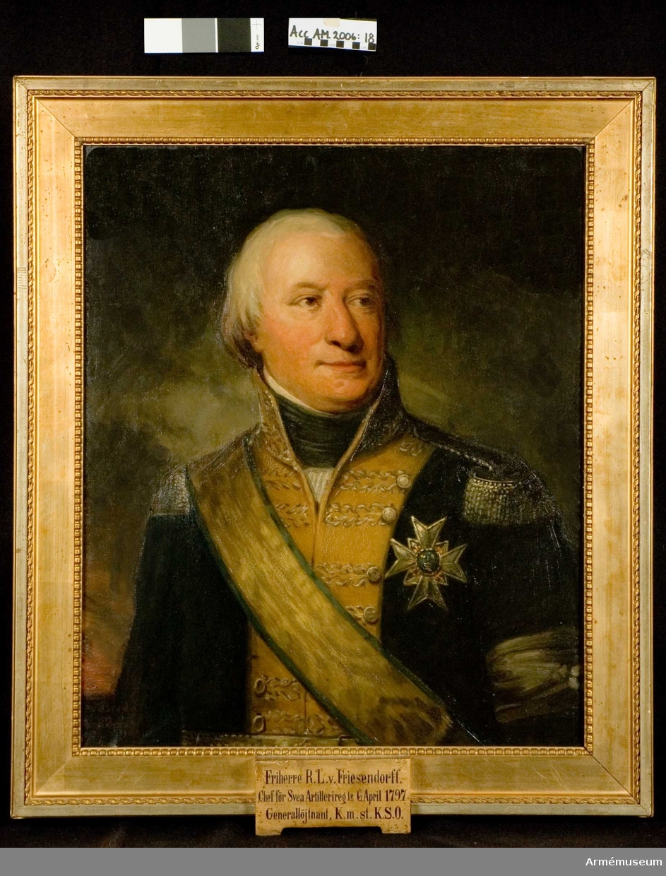 Porträtt, A L von Friesendorff, regementschef A1 1797-04-06

Adolf Ludvig von Friesendorff (1746-1810) var överste och chef för Jönköpings regemente 1790-1797, chef för Svea artilleriregemente 1797, sekundchef för Svea livgarde 1797-1802, blev generalmajor 1799, chef för Kalmar regemente 1802-1805 och chef för Västmanlands regemente 1804-1810 samt generallöjtnant 1809. Han är här avbildad som sekundchef vid Svea livgarde i 1802 års uniform. 2016-05-06 MM.