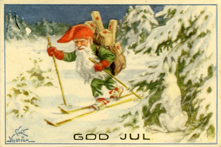 Kort "God Jul". Tomte på väg att dela ut julklappar. Bohusläns