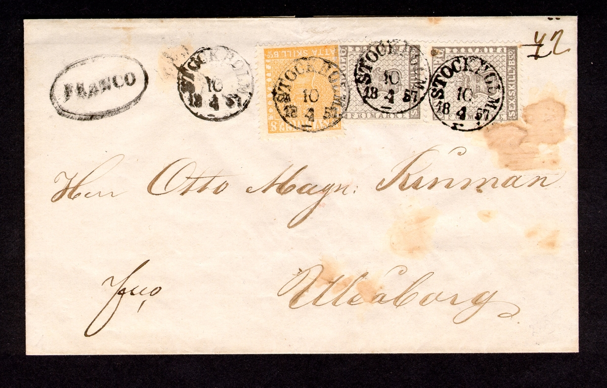 Brev avsänt från Stockholm till Uleåborg den 10 april 1857. Frankerat med två 6 skilling banco frimärken och ett 8 skilling banco frimärke. Portot för normalbrev till Finland var 20 skilling banco, 1855-1858.