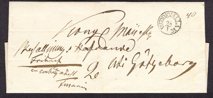 Förfilatelistiskt brev skickat från Uddevalla 28 januari 1831 till Kunglig Majestäts Befallningshavande i Göteborg som fribrev.

Etikett/posttjänst: Fribrev

Stämpeltyp: Bågstämpel