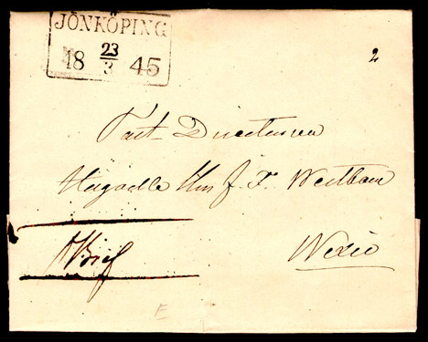 Albumblad innehållande 1 monterat förfilatelistiskt brev

Text: Fribrev från Jönköping den 23 mars 1845 till Wexiö

Etikett/posttjänst: Fribrev

Stämpeltyp: Normalstämpel 7  typ 5