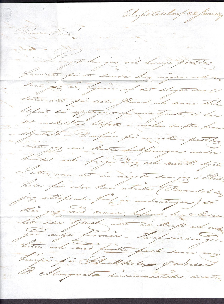 Albumblad innehållande 1 monterat förfilatelistiskt brev

Text: Brev från Sundsvall den 25 juni 1847 till Bjästa

Stämpeltyp: Normalstämpel 7  typ 2