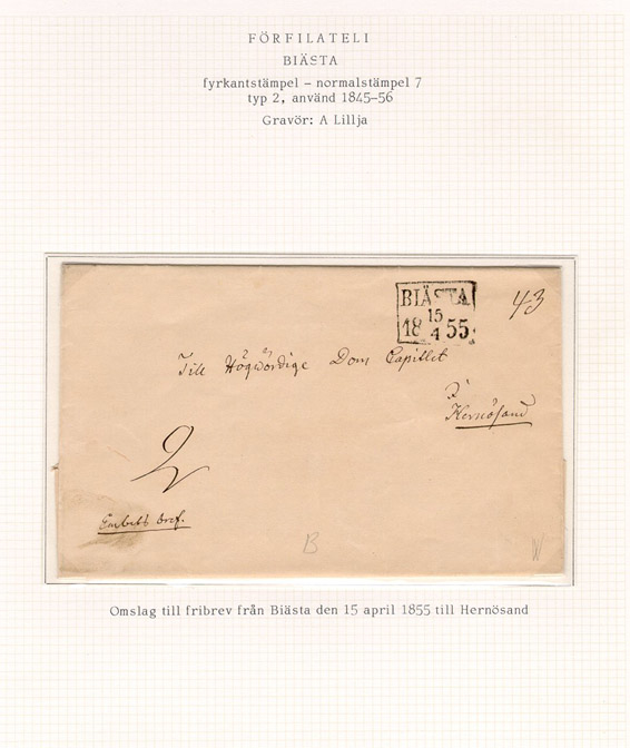 Albumblad innehållande 1 monterat förfilatelistiskt brev

Text: Omslag till fribrev från Biästa den 15 april 1855 till
Hernösand

Etikett/posttjänst: Fribrev

Stämpeltyp: Normalstämpel 7  typ 2