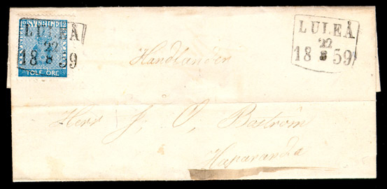 Albumblad innehållande 1 monterat brev.

Text: Brev från Luleå den 22 augusti 1859 till Haparanda, frankerat
med 12 öre Vapentyp.

Stämpeltyp: Normalstämpel 7