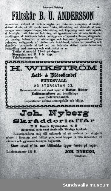 Annons för Johan Nybergs skrädderiaffär.