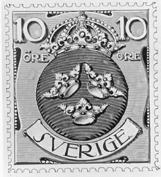 Frimärksförlaga till frimärket Lilla Riksvapnet vm krona, utgivet 1910- 1911. Valör 10 öre.