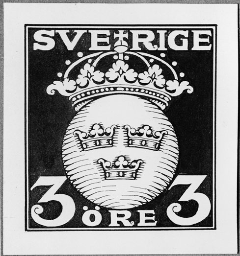 Frimärksförlaga till frimärket Lilla Riksvapnet, utgivet 1920.
Valör 3 öre.