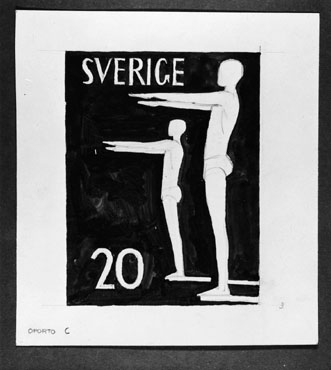 Ej realiserade förslag till frimärke Riksidrottsförbundet 50 år, utgivet 27/5 1953. Svenska gymnastik- och idrottsföreningars
riksförbund bildades 1903. Konstnär: Stig Blomberg.
Valör 20 öre.