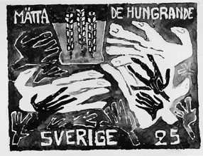Frimärksförlaga till frimärket Världskampanjen mot hunger, utgivet 21/3 1963. Med anledning av FN-kampanjen mot hungern. Motivet är tre stycken sädesax samt stiliserade händer. Originalteckning och förslagsskisser utförda av Vera Nilsson. Valör 25 öre.