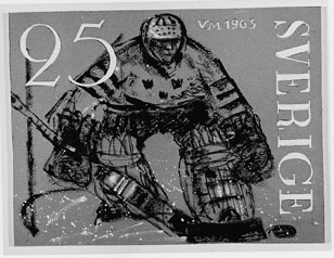 Frimärksförlaga till frimärket VM i ishockey, utgivet 15/2 1963. 1963 års VM i ishockey spelades i Stockholm. Förslagsteckningar utförda av konstnären Gösta Kriland
(1918 - ). Förslag 3. Tusch och gouache. Valör 25 öre.