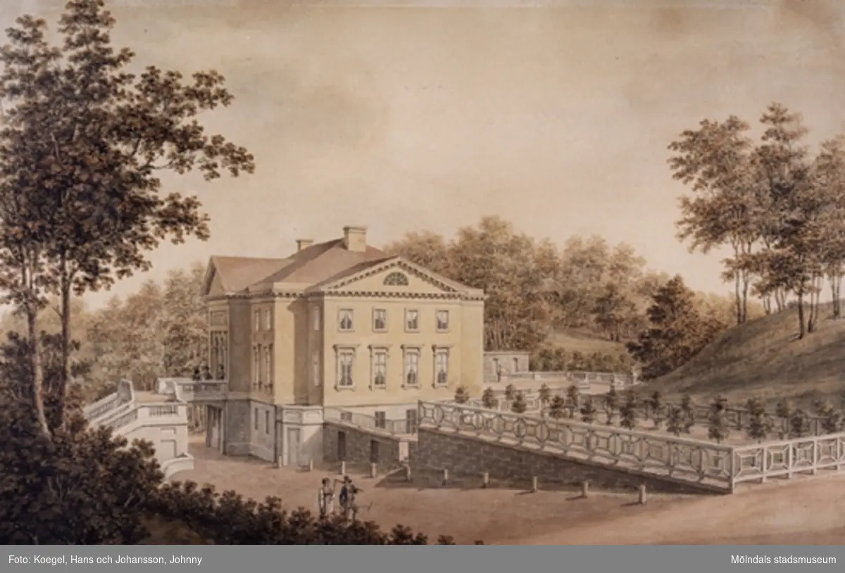 Akvarell föreställande Gunnebo slott med omnejd, avfotograferad 1997. 
Akvarellmålning från cirka 1795-1823 av konstnären Justus Fredrik Weinberg, signatur J. F Weinberg.