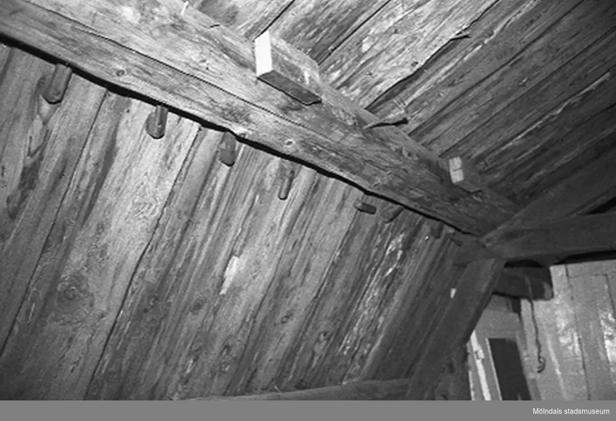 Kvarnfallet 31 i Grevedämmet, hösten 1994. Röda huset, G-3. Interiör från den oinredda delen av vinden. Bilden visar del av det brutna sadeltaket som bärs upp av åsar. Vad träkrokarna vid åsen använts till är oklart.