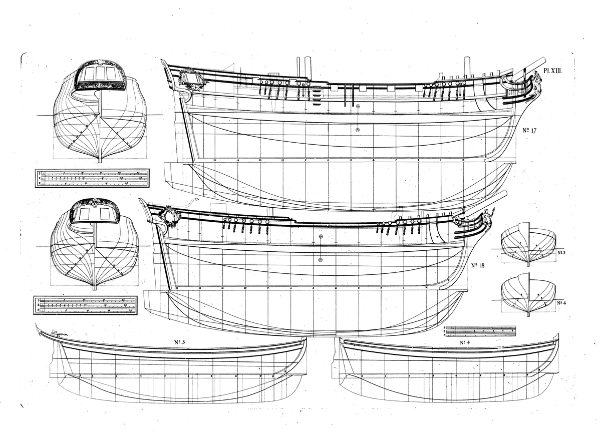 Två pinkskepp (ritning nr 17 och 18) samt två slupar (nr 3 och 4). Profil-, spant- och linjeritningar.